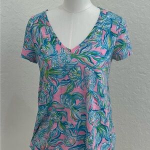 Lilly Pulitzer Pink and Blue V-Neck Floral Tee